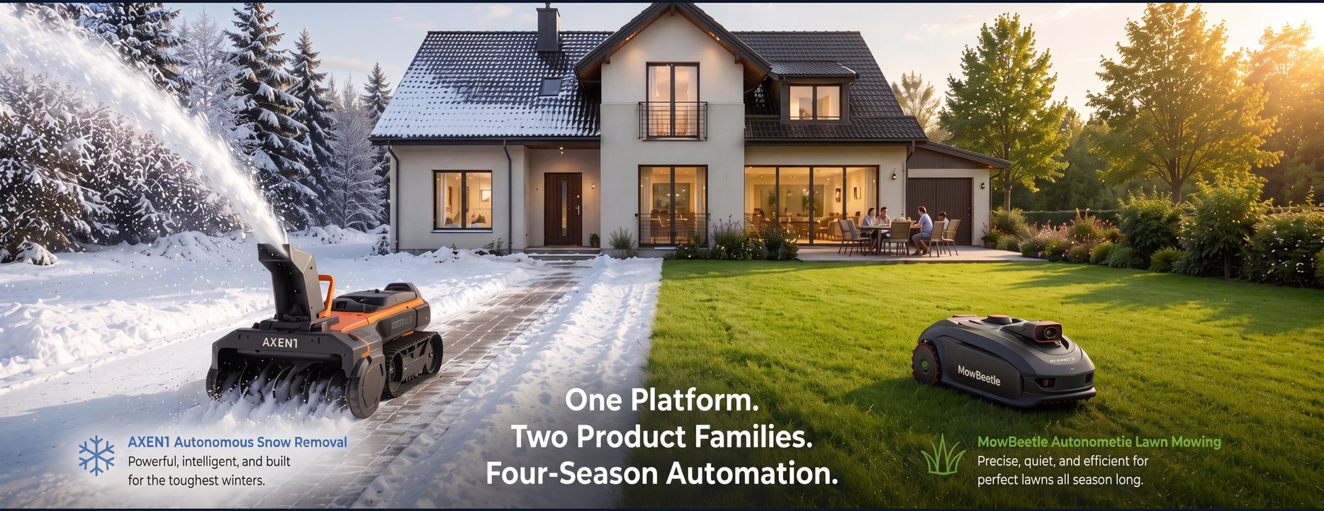 AXEN1 autonomous snow blower clearing snow and MowBeetle robot mower on a lawn